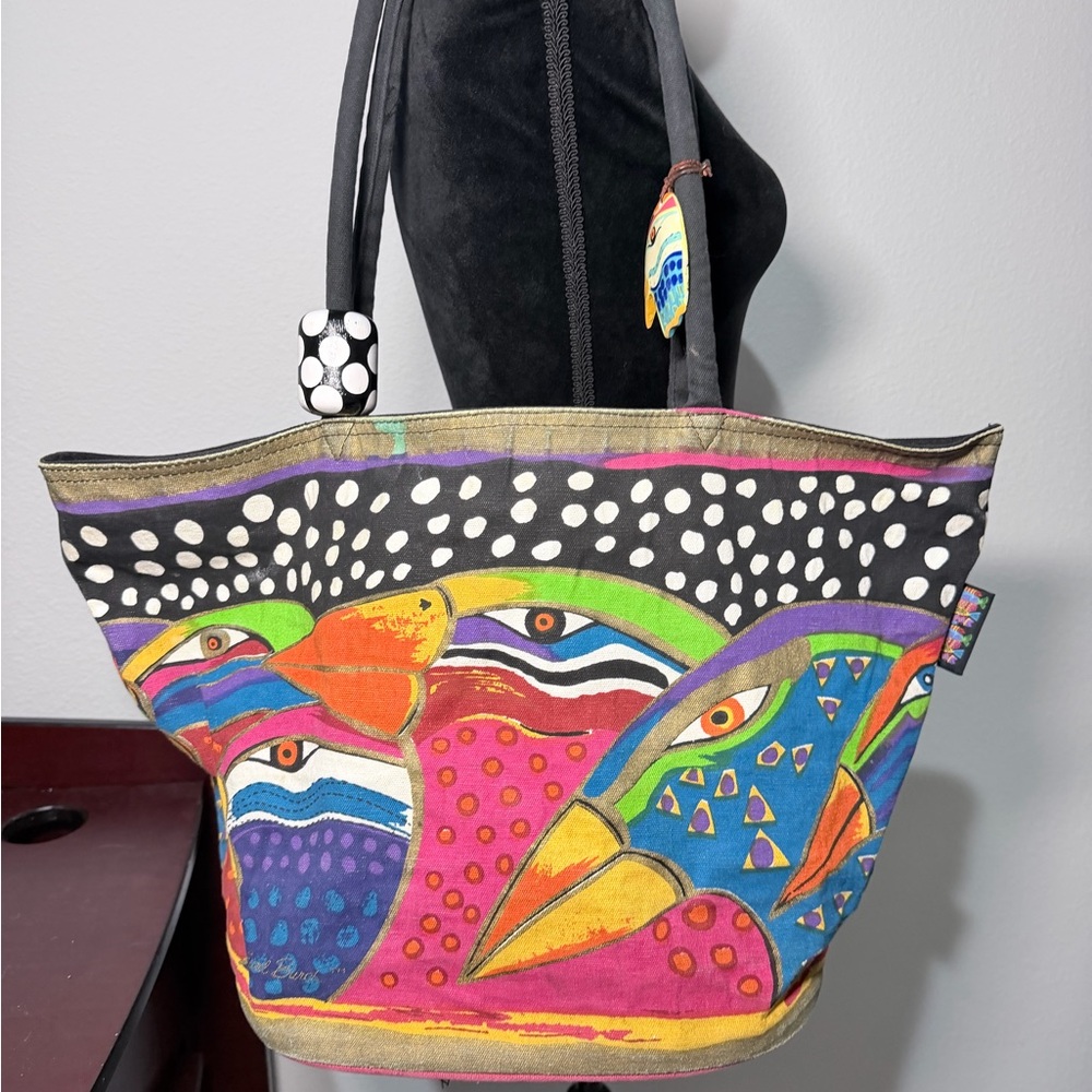Laurel Burch Colorful Cat Canvas Tote Bag Art Print Zip Top